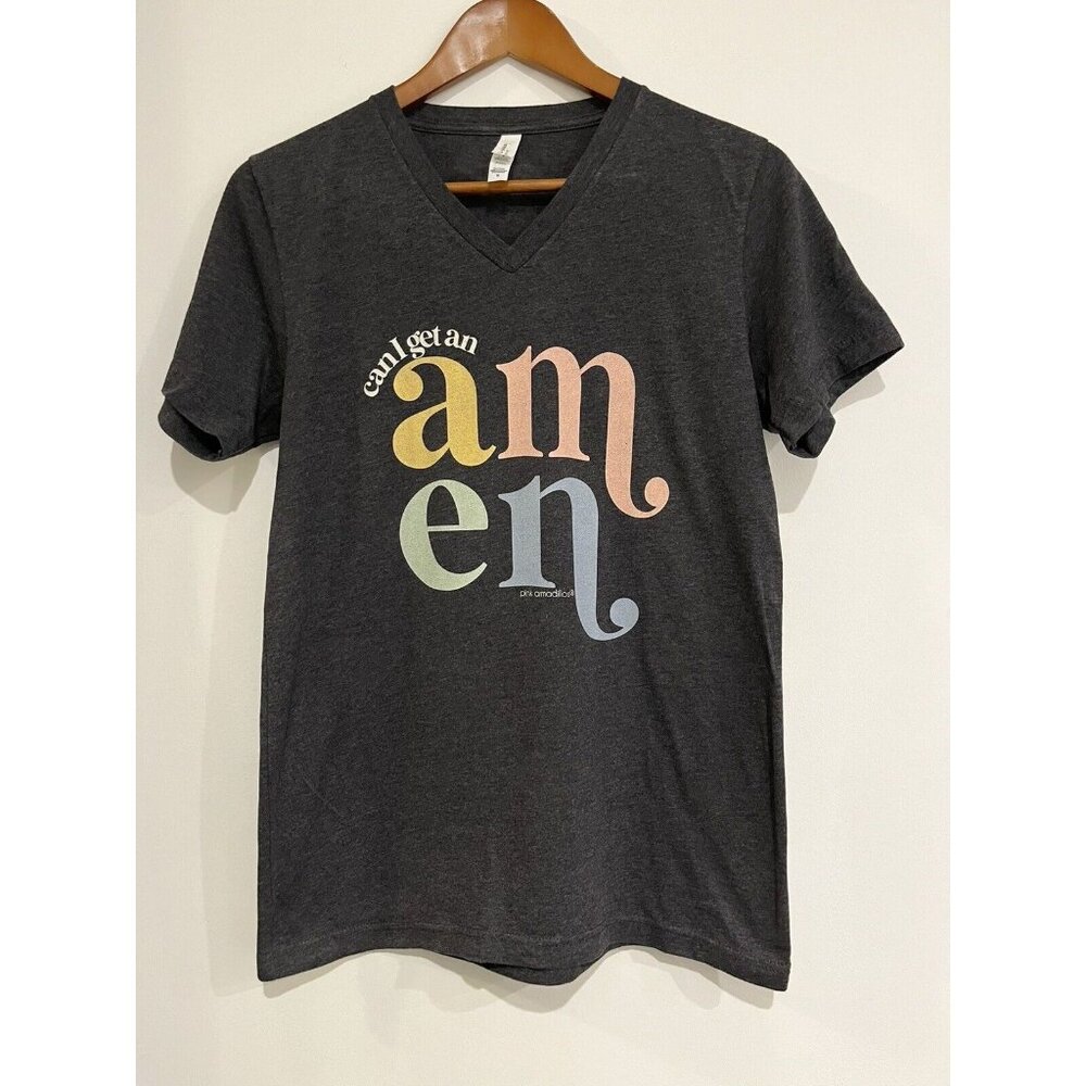 Can I Get An Amen Christian Vneck Bella Canvas Tee Grey Womens Medium